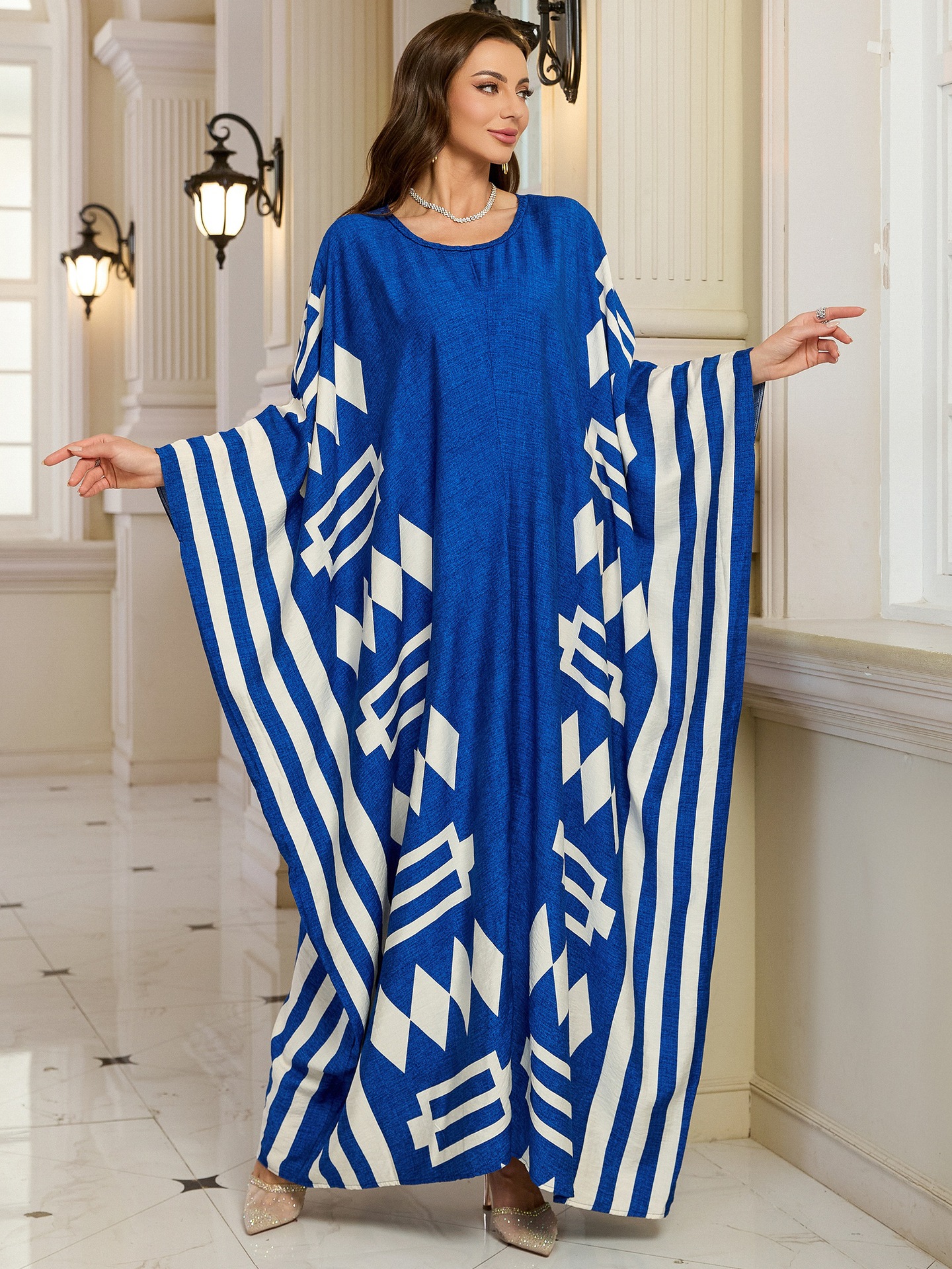 Geometric Pattern Kaftan Maxi Dress with Long Batwing Sleeves for Beach Cover Up
